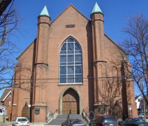 Front of the brick church, Trinity United Church, located in Charlottetown, PEI.