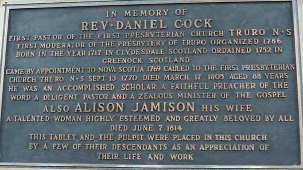 Plaque commemorating the Reverend Daniel Cock and his wife Alison Jamison.